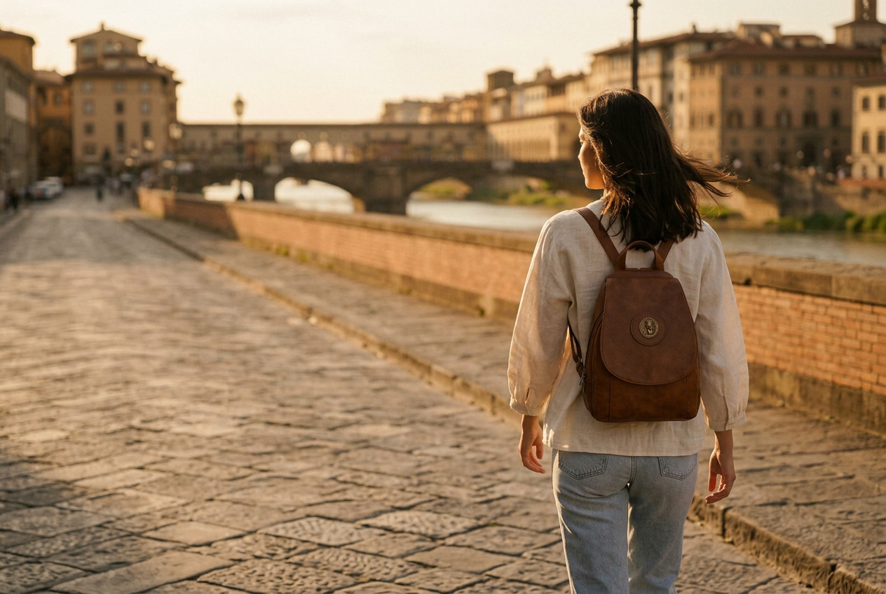 A woman walking along the river in Florence at golden hour, wearing the Claudia Backpack