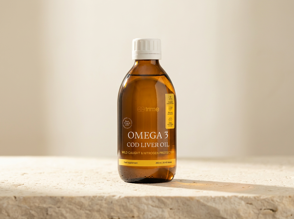 Trime Omega-3 Cod Liver Oil in its sealed amber glass bottle, warm sunlight glowing through the dark glass
