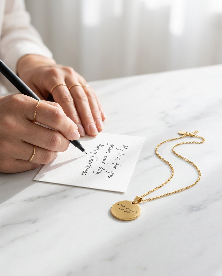 Hand die een korte boodschap schrijft op een wit kaartje naast een gegraveerde gouden hanger