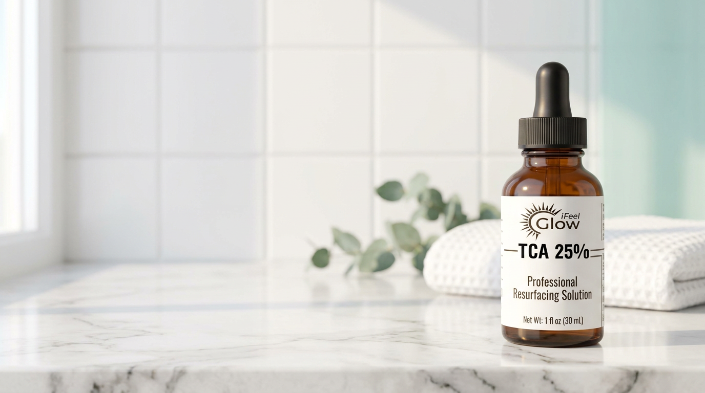 The iFeelGlow TCA 25% dropper bottle on a white marble bathroom counter in bright morning light