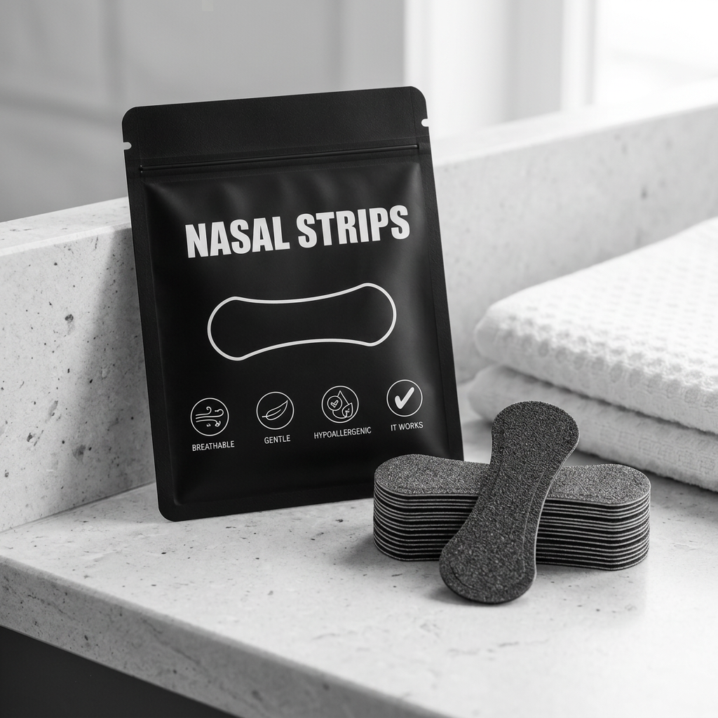 AirPulse nasal strips and pouch on a stone bathroom counter