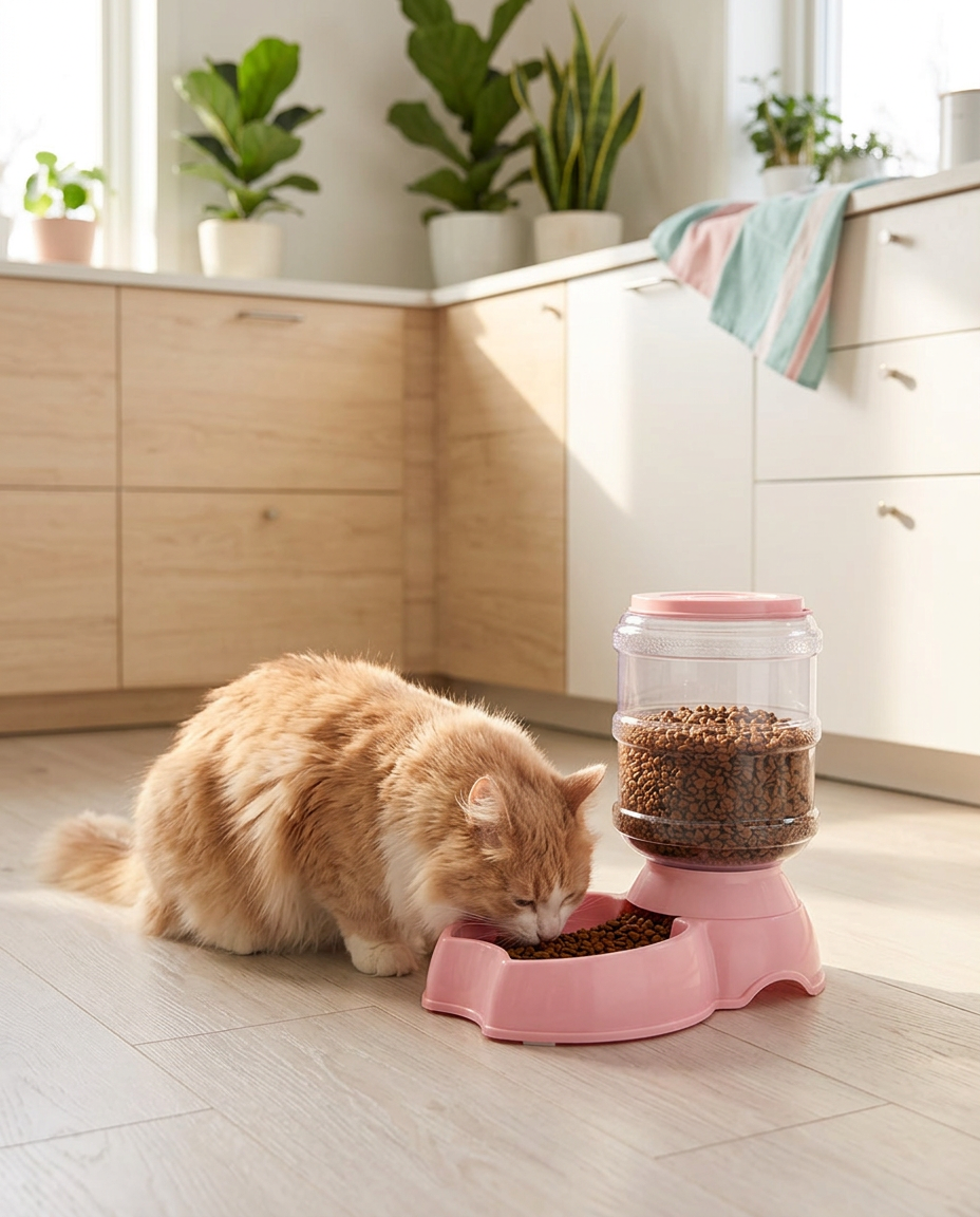 Cat eating from a pink automatic gravity pet feeder in a sunny kitchen