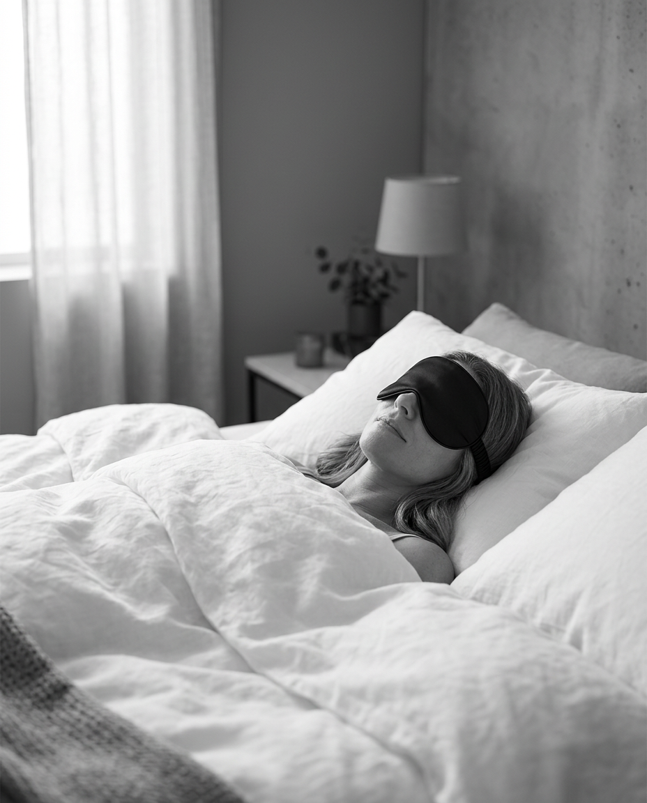 Person sleeping peacefully in a bright bedroom wearing the sleep mask