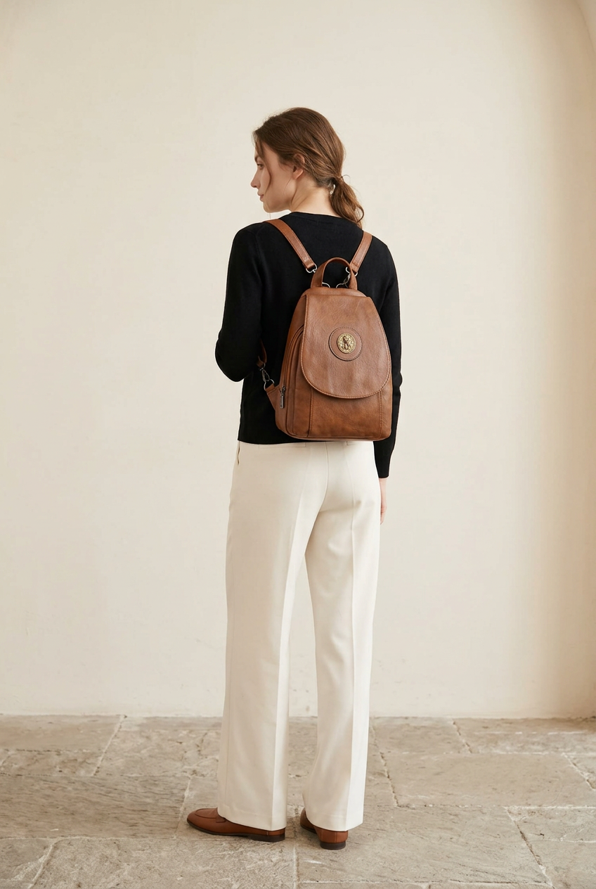 Full-length view of a woman wearing the Claudia Backpack, showing its size on the body