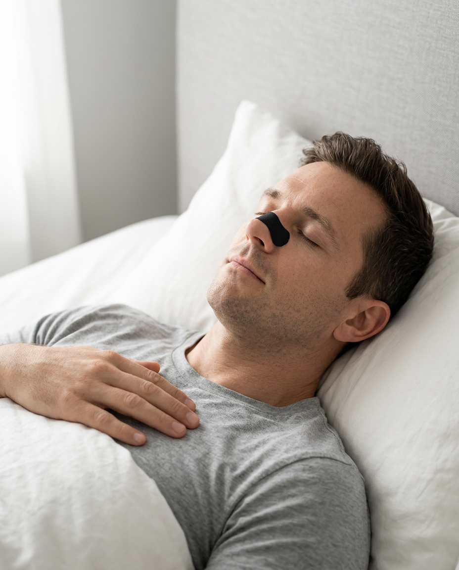 A person sleeping peacefully in white bedding wearing an AirPulse nasal strip