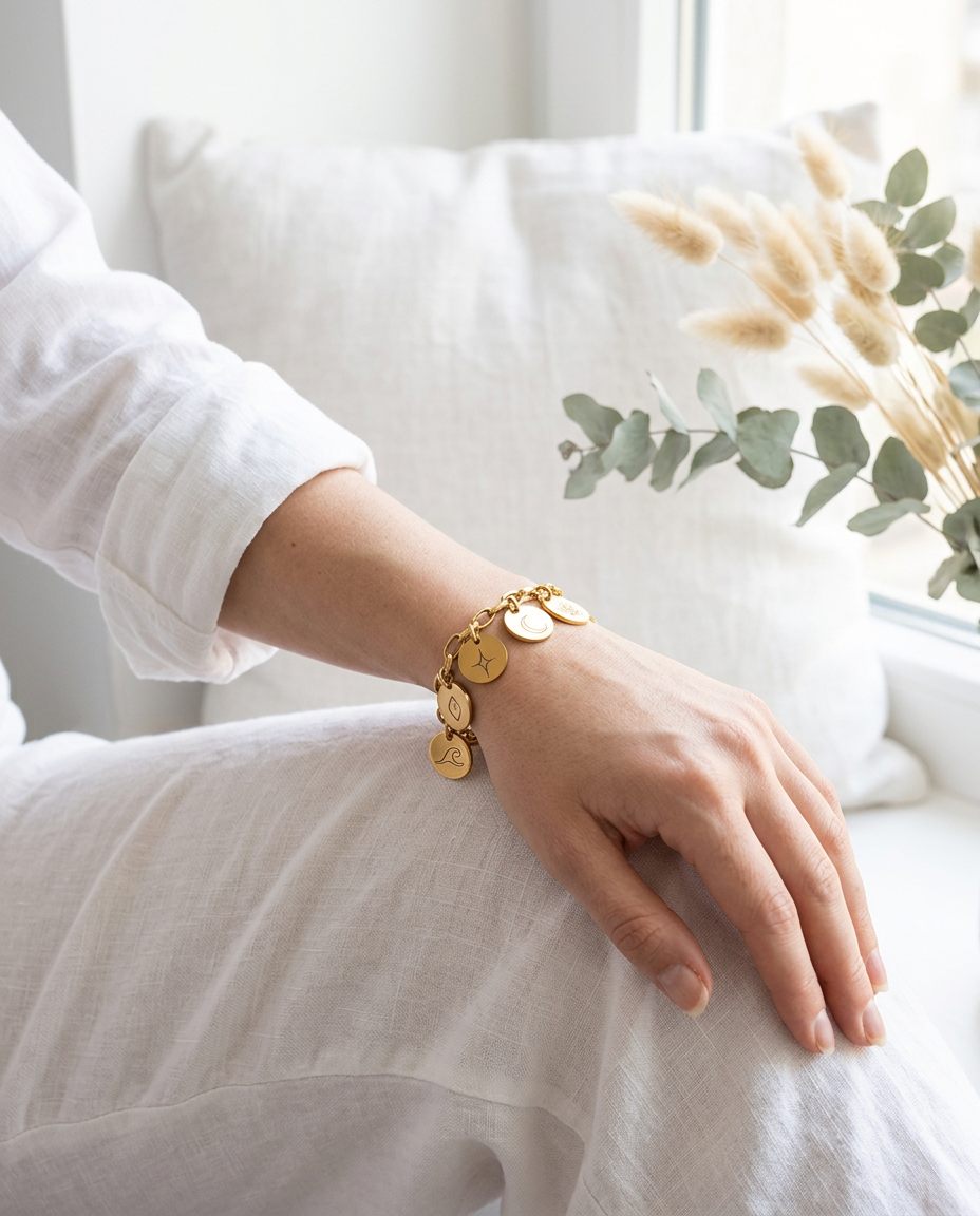 Vrouw in wit linnen bij het raam met de gouden SAYA ICON bracelet met gegraveerde symbolen, naast gedroogde bloemen en eucalyptus