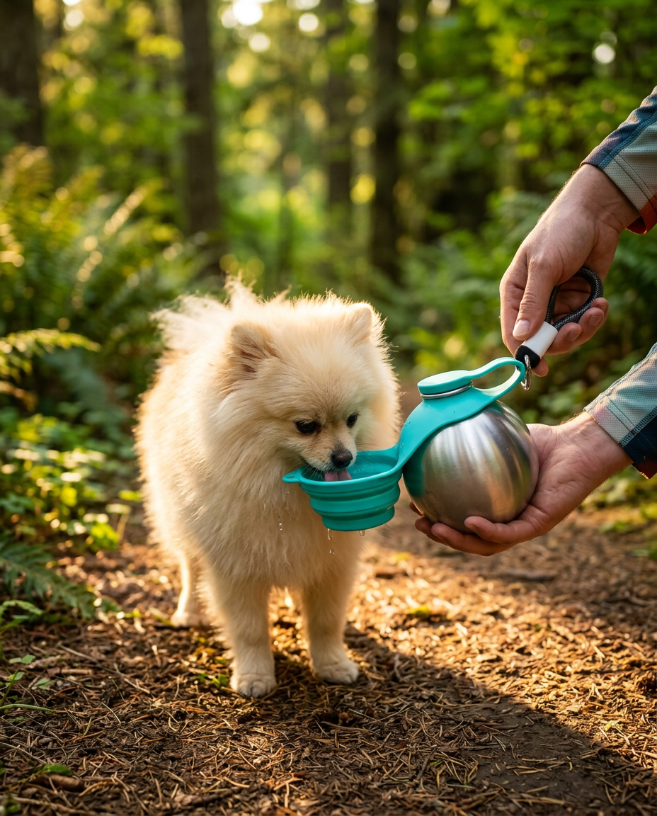 A small fluffy dog drinking from the foldable bowl of a portable water bottle on a forest trail