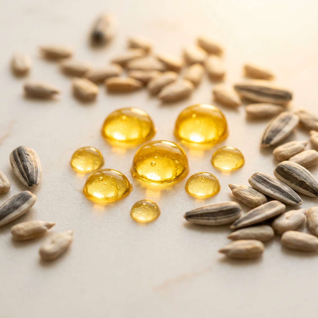 Golden oil droplets with sunflower seeds, a natural source of vitamin E