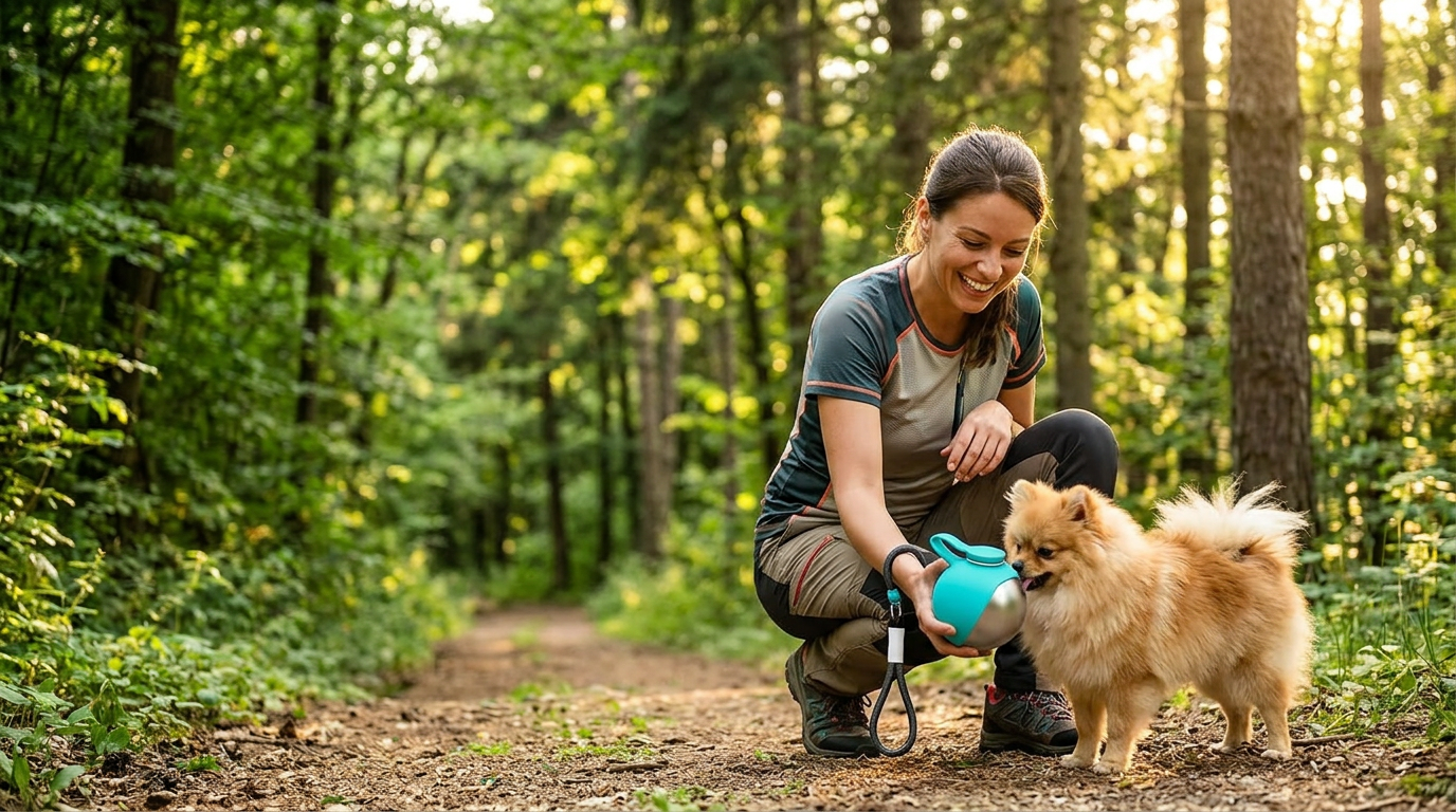 Owner giving a small fluffy dog water from a teal portable bottle on a forest trail