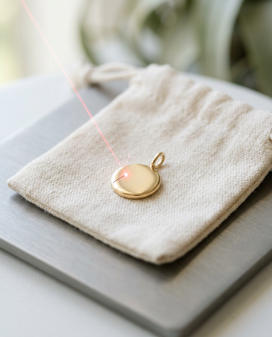 Close-up van een gouden bedel op een katoenen sieradenzakje op een grijze metalen plaat, met een fijne rode laserstraal
