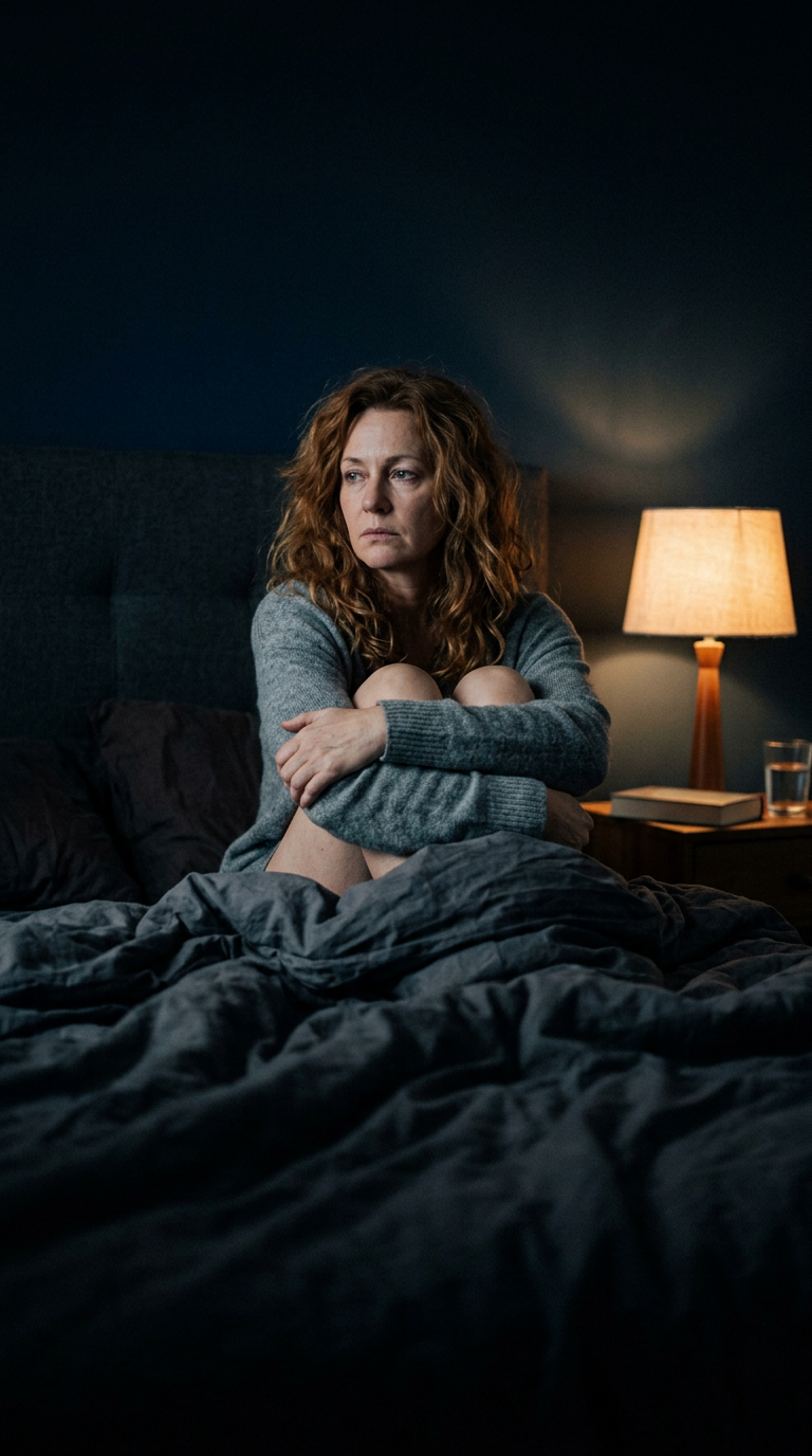 A tired woman sitting up in bed at night, hugging her knees beside a glowing bedside lamp