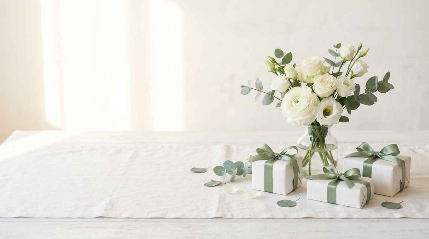 Witte tafel met cadeautjes in wit papier, sage linten en verse witte bloemen