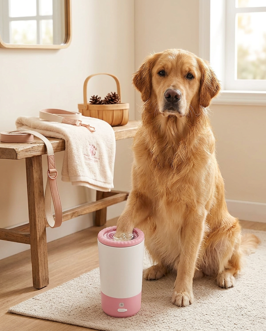 A golden retriever getting its paw cleaned in a pink electric paw cleaner cup in an entryway