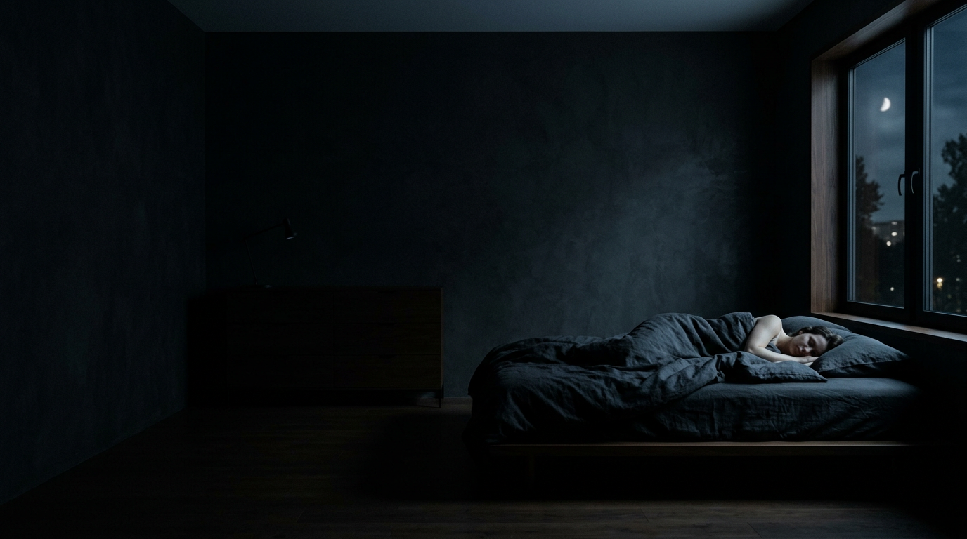 A dark, quiet bedroom at night with someone sleeping in moonlight
