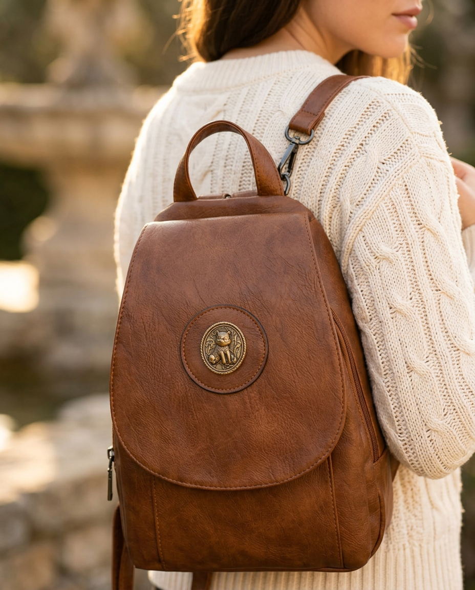 Close-up of Claudia worn over a cream knit: rounded flap, stitched patch and brass medallion