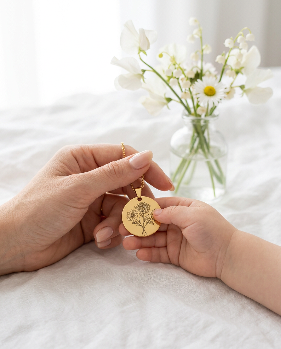 Hand van een moeder en een kind die samen een gouden geboortebloem ketting vasthouden