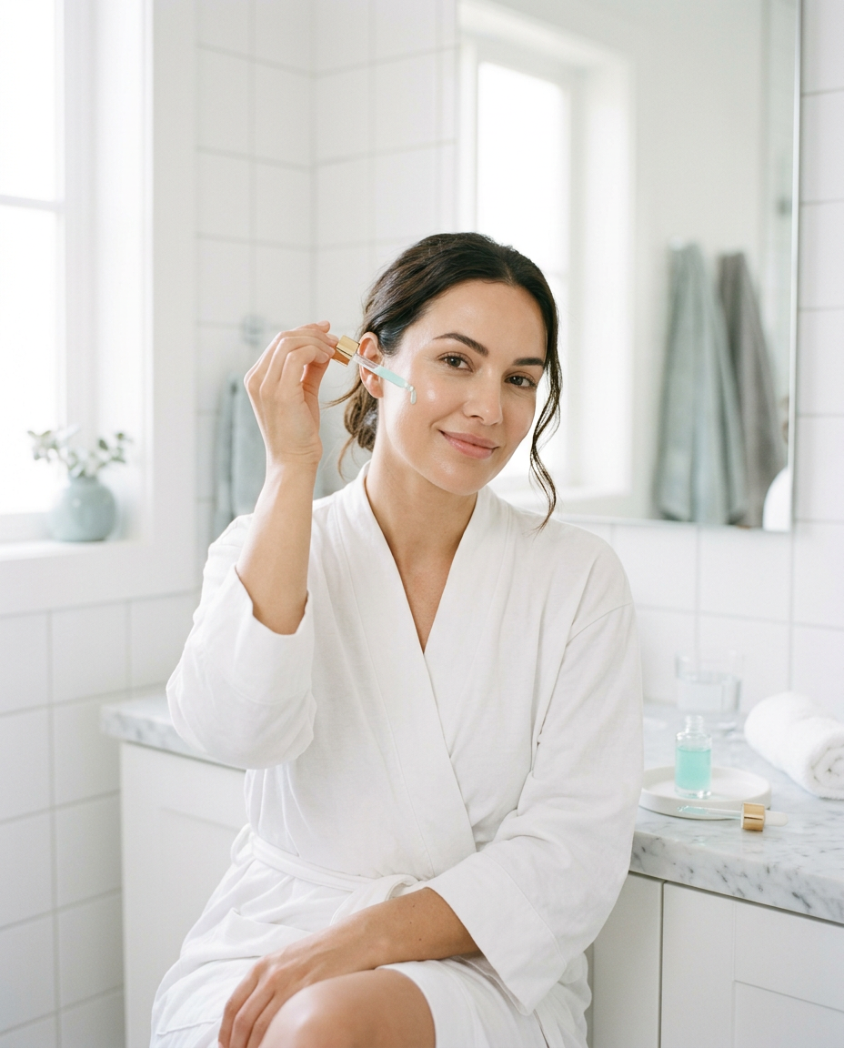 A woman with smooth, even skin pressing a glass dropper to her cheek in a bright white bathroom