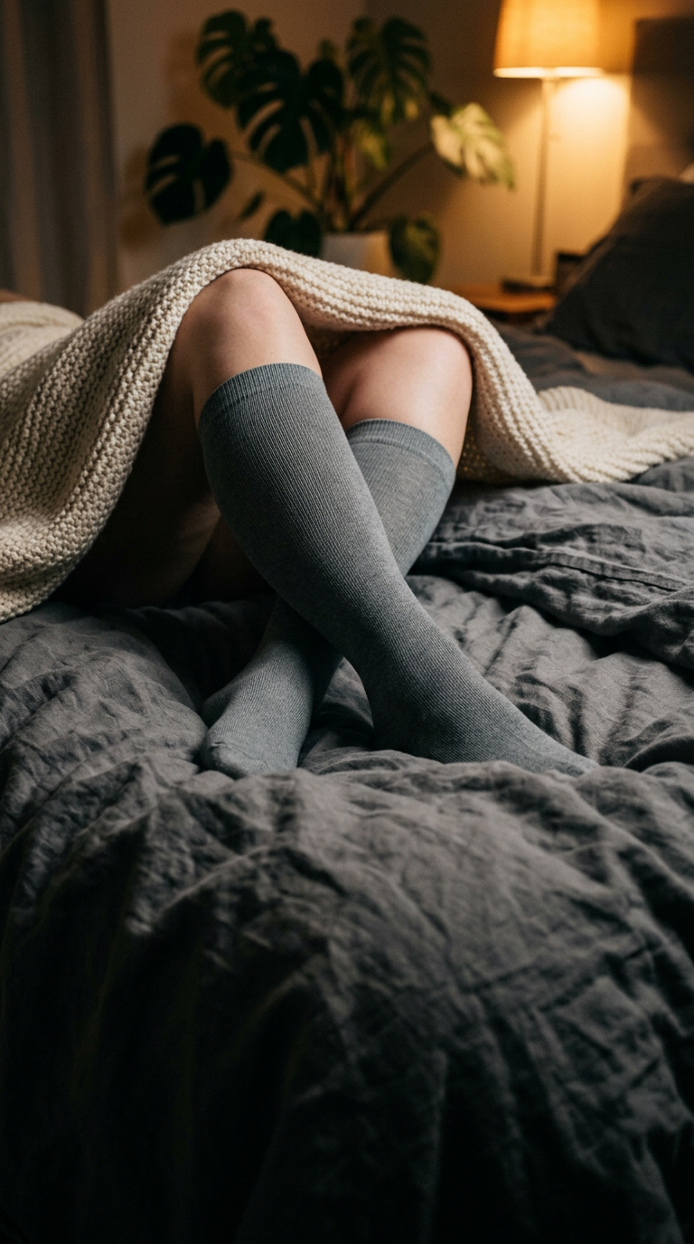 Legs in grey compression socks resting on a rumpled bed at night