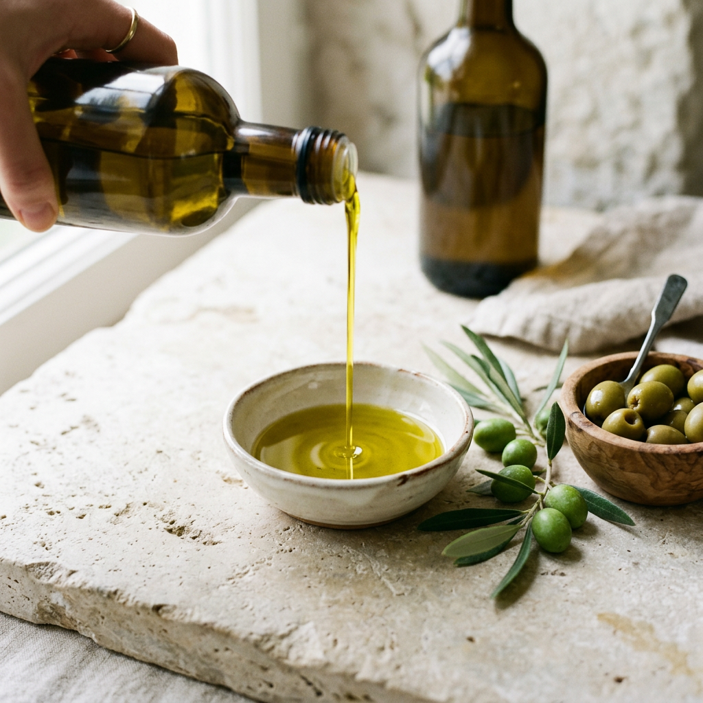 Extra virgin olive oil poured into a ceramic dish beside green olives