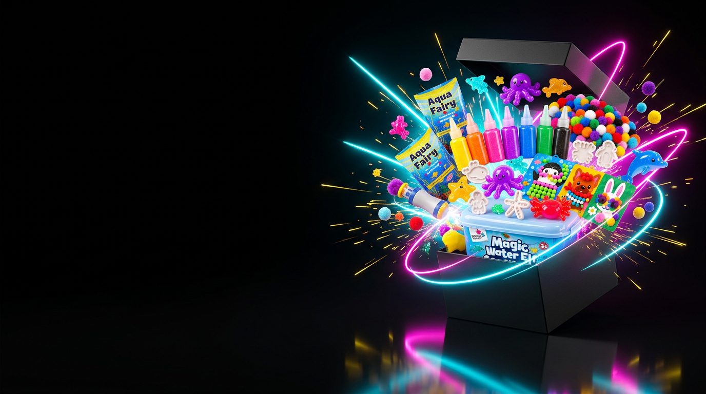 Scatola regalo nera aperta piena di giocattoli colorati per bambini sotto una luce al neon