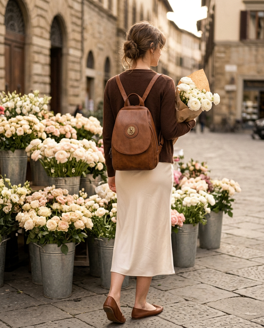 A woman at a flower market holding white ranunculus, wearing the Claudia Backpack with a brown cardigan and ivory skirt