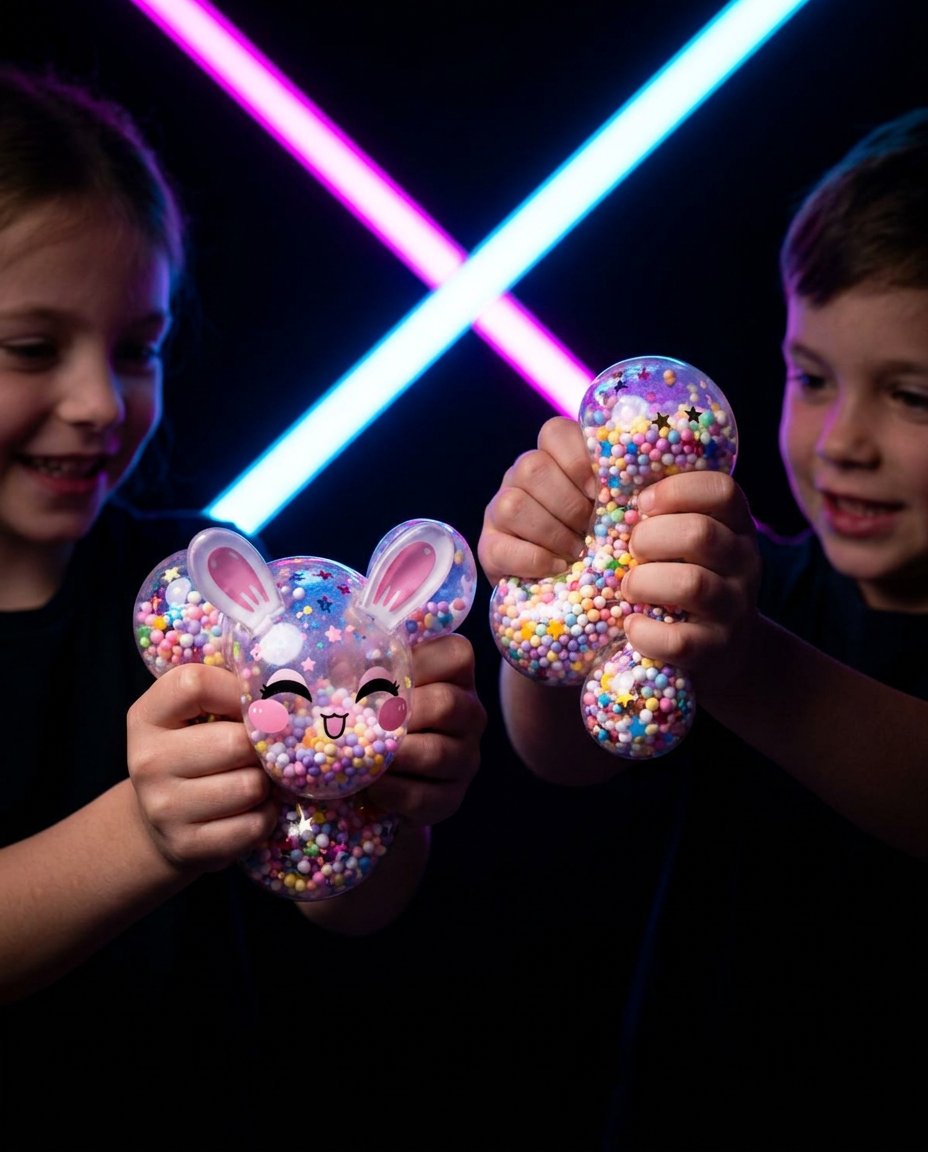 Bambini che schiacciano squishies colorati sotto una luce al neon