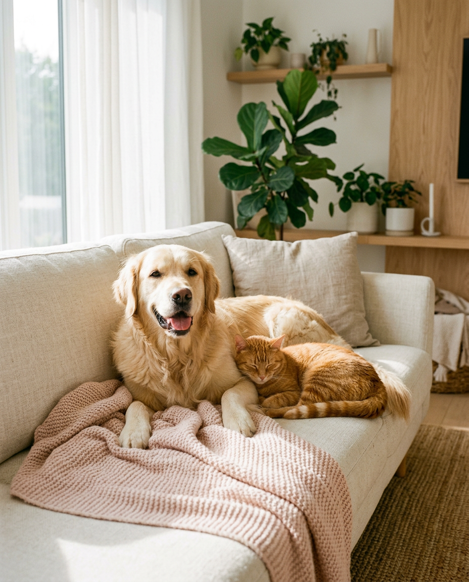 A golden retriever and a ginger cat relaxing together on a sunlit cream sofa