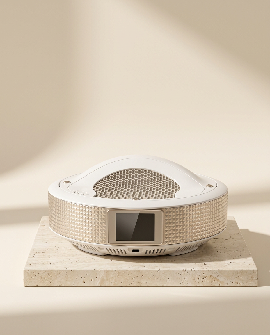 AUVRAYA Air™ nail dust collector resting on a travertine plinth against a warm ivory backdrop