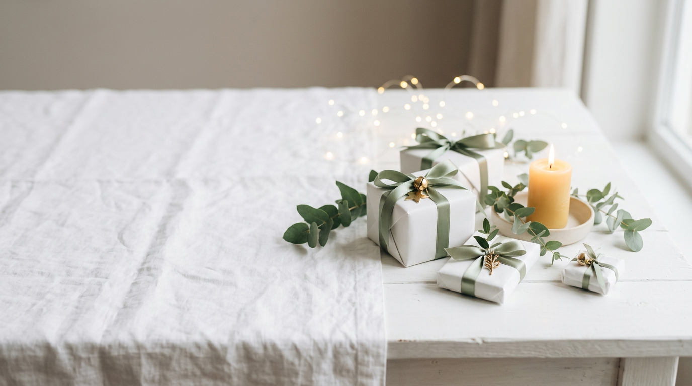 Witte kersttafel met cadeautjes in wit papier, sage linten en eucalyptus