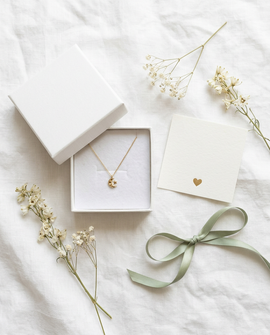 Wit cadeaudoosje met een gouden ketting, een kaartje met gold foil hartje en een sage lint