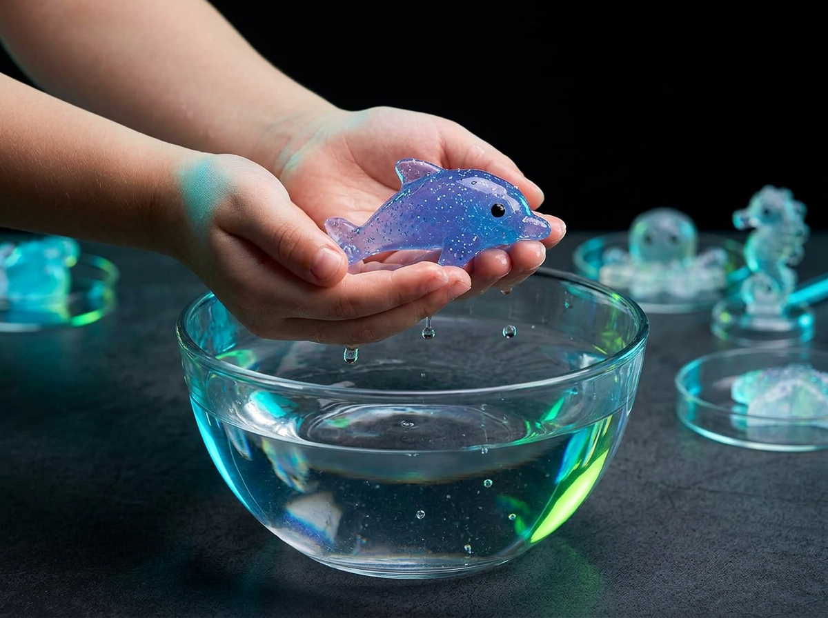 Bambino che estrae dall'acqua una figura Magic Water appena creata