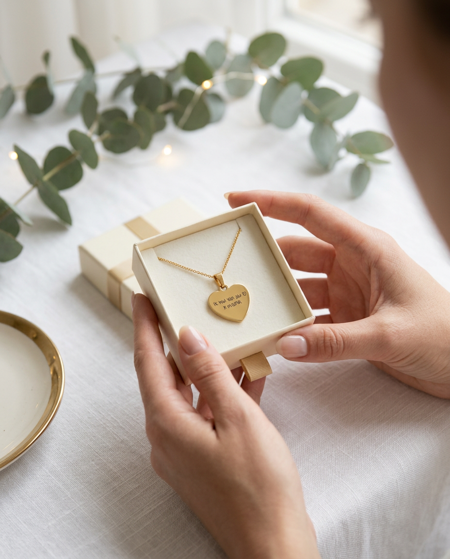 Handen die een geopend cadeaudoosje vasthouden met een gouden hartketting erin