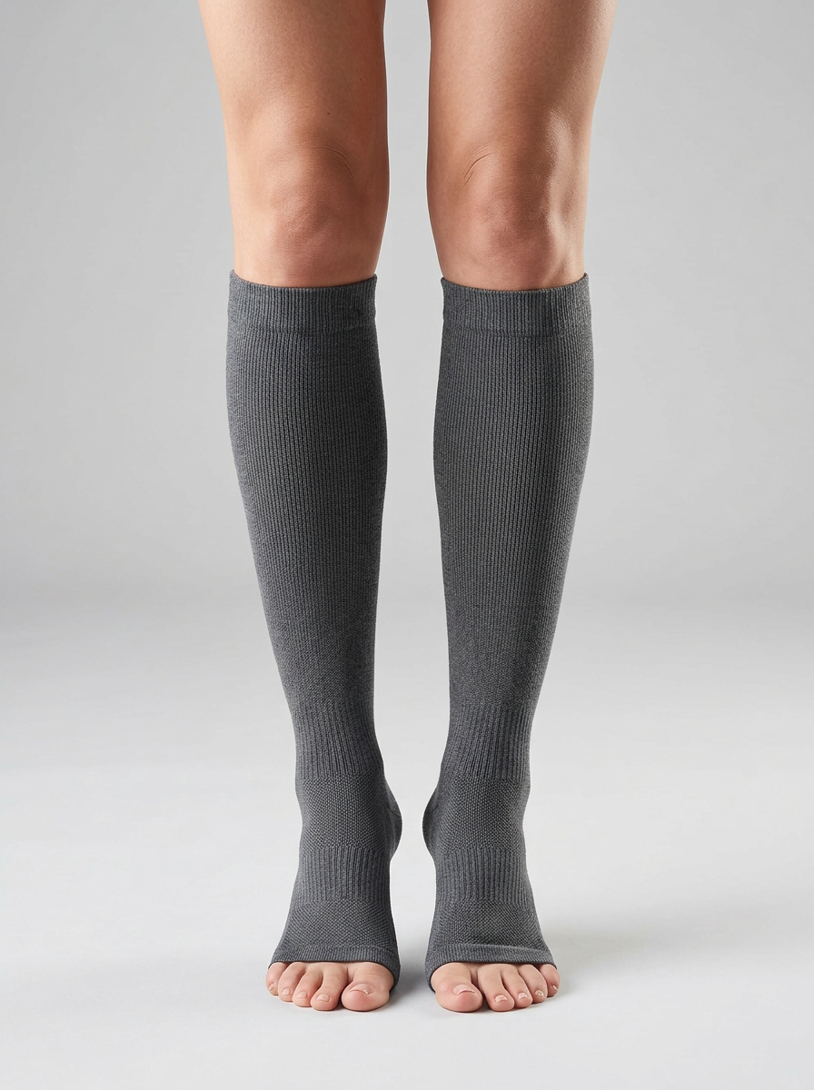 Legs wearing grey knee-high compression socks