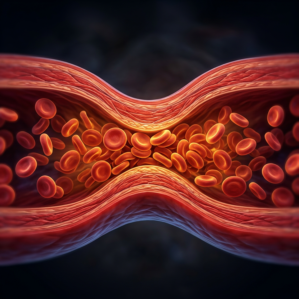 Illustration of a narrowed blood vessel with red blood cells
