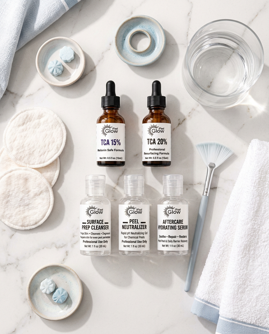 An at-home peel ritual laid out on white marble: iFeelGlow bottles, cotton pads, a fan brush and a towel