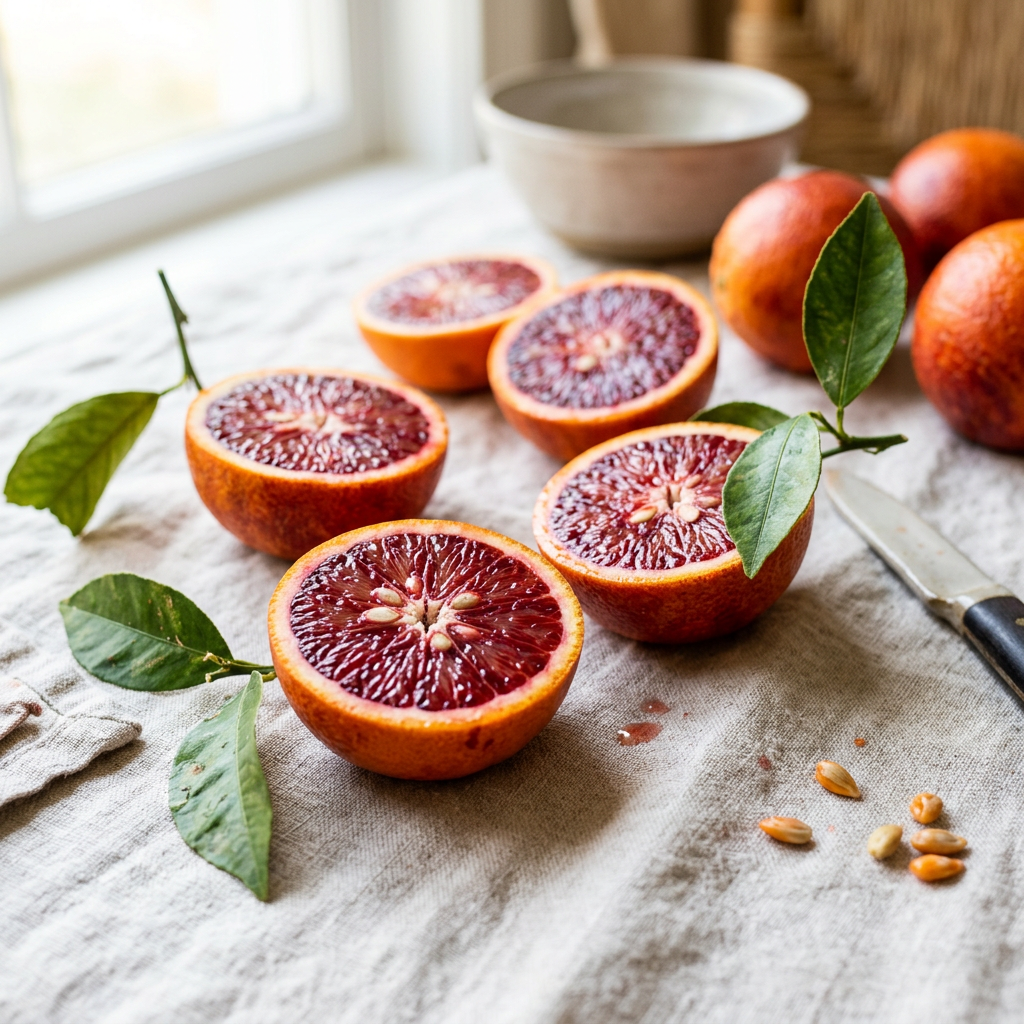 Halved Sicilian blood oranges with deep red flesh