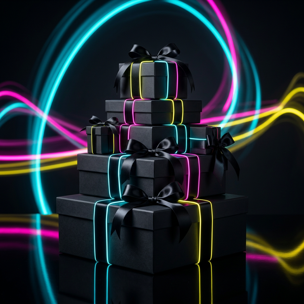 Scatole regalo nere con accenti al neon