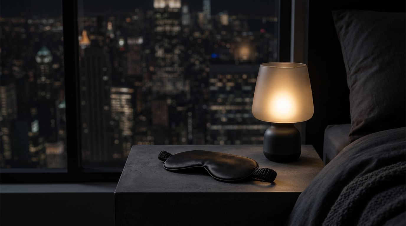 Sleep mask resting on a nightstand beside a softly glowing lamp at night