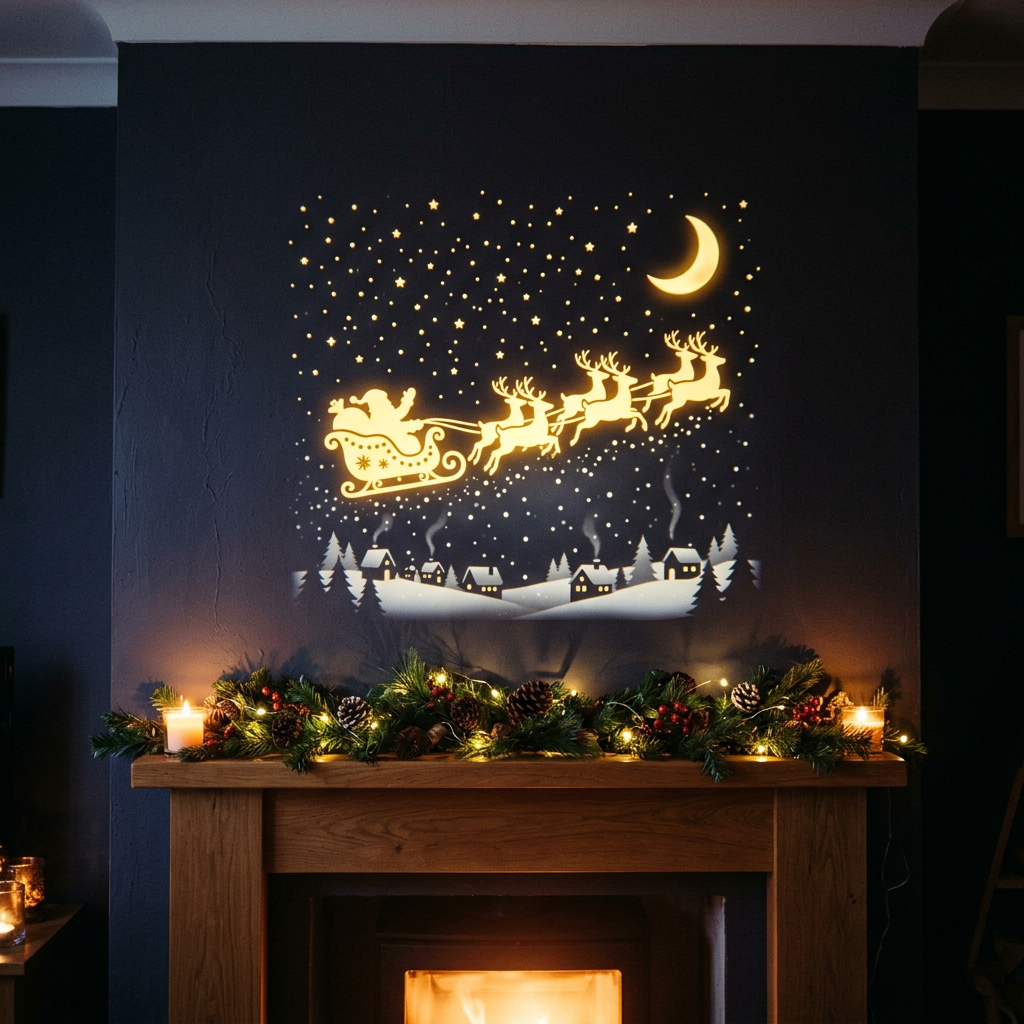 Projected sleigh and reindeer flying across the night sky