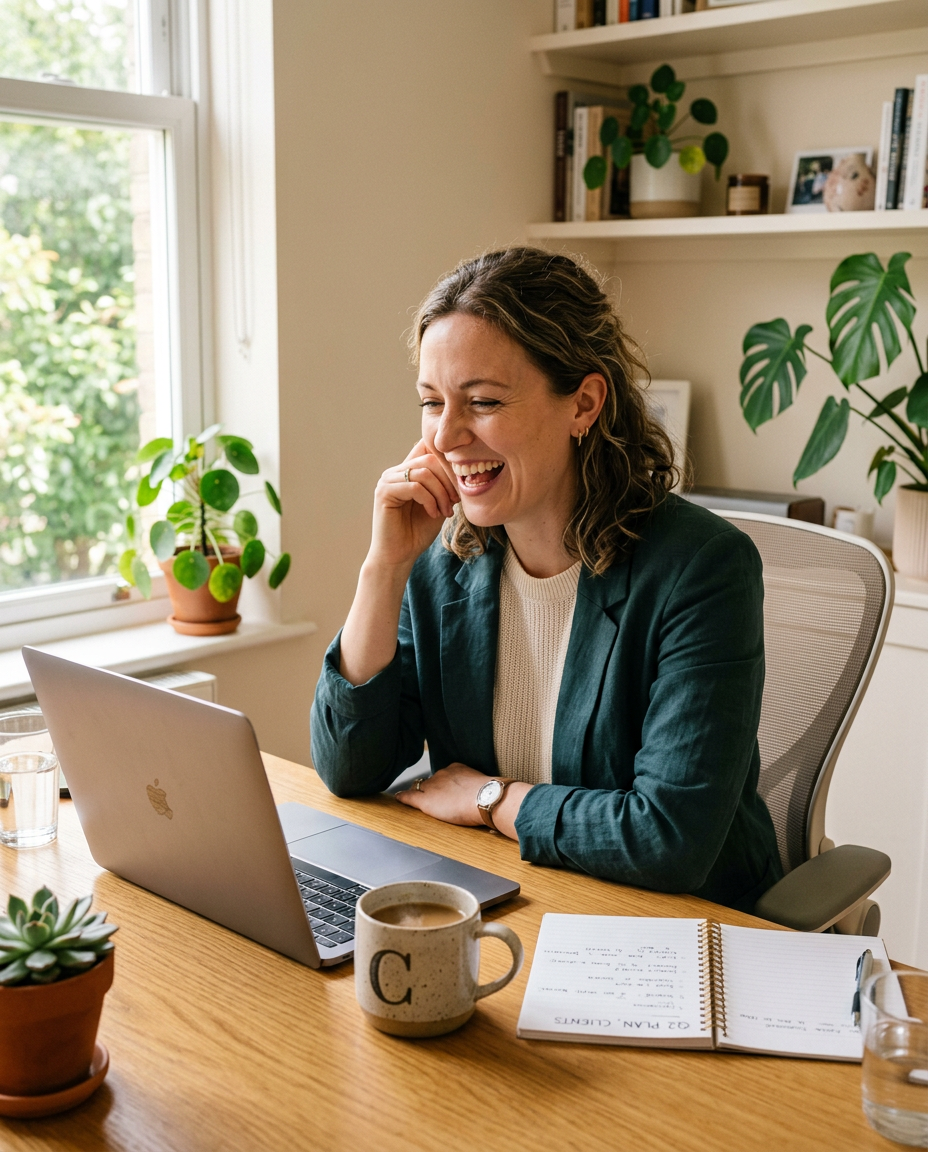 Woman laughing on a mid-morning video call at her home office desk