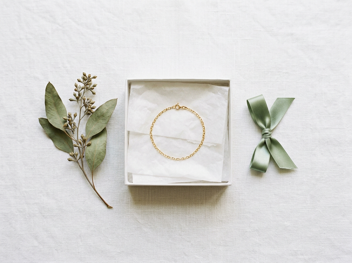 Witte sieradendoos met gouden armband op wit vloeipapier en een salie lint