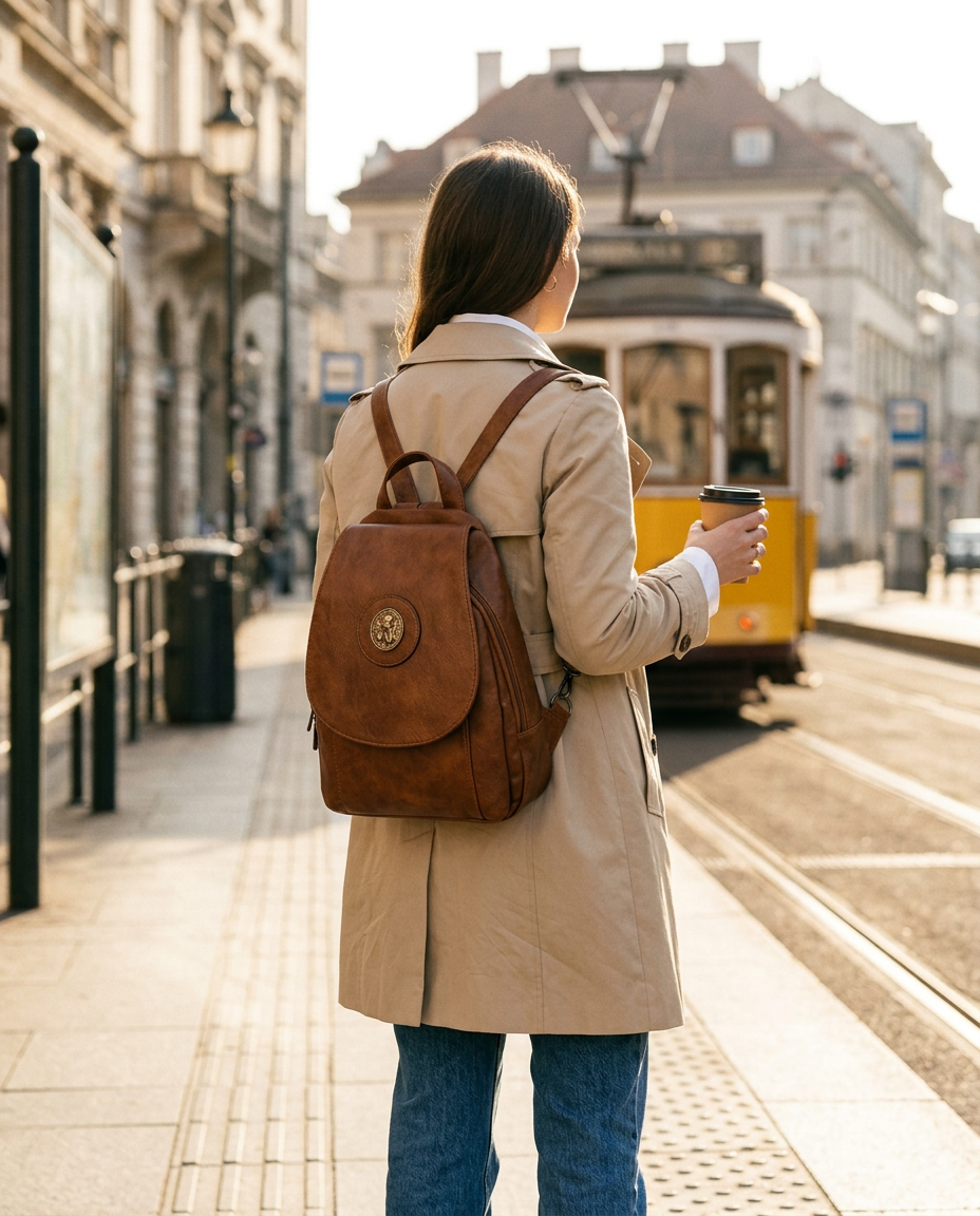 A woman in a trench coat waiting for the tram, wearing the Claudia Backpack