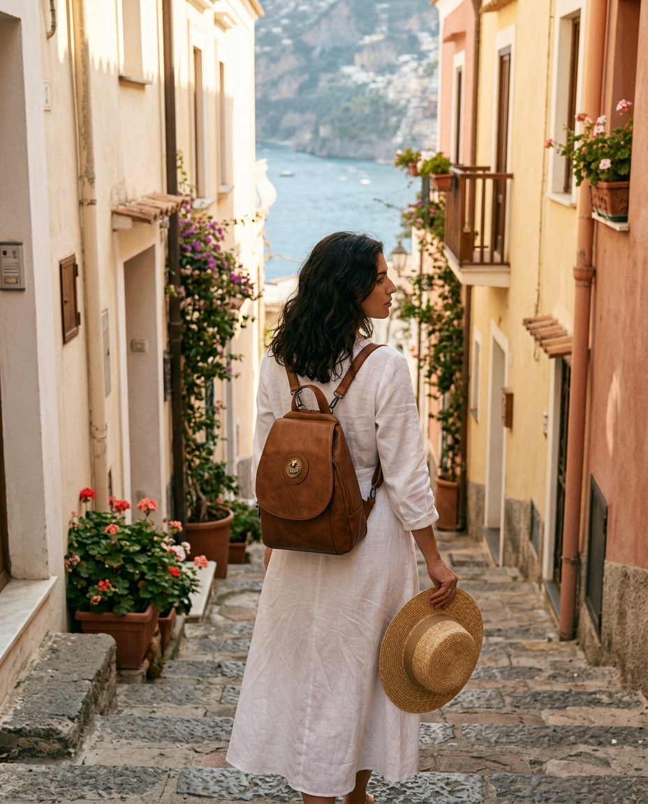 A woman in a white linen dress walking down seaside steps wearing the Claudia Backpack