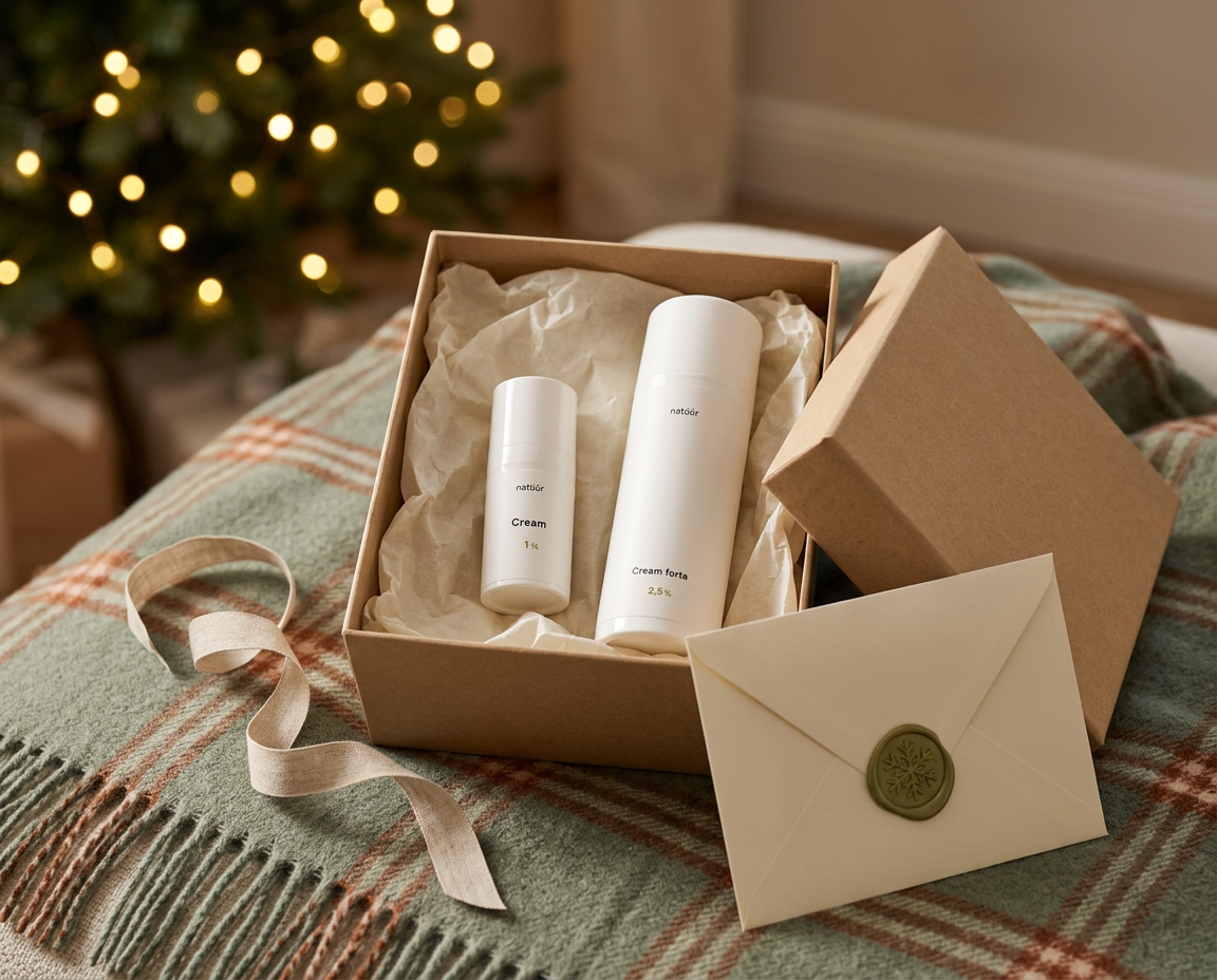 natüür Neuro Kit – Cream und Cream forte ausgepackt in einer Geschenkbox aus Kraftpapier mit wachsversiegeltem Umschlag auf einer grünen Karodecke