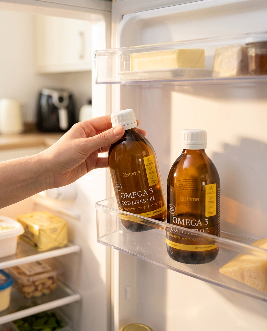 Hand placing a new bottle of Trime Omega-3 Cod Liver Oil on the fridge door shelf next to the previous bottle, both capped