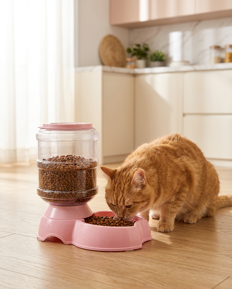 A ginger cat eating from a pink automatic feeder on a kitchen floor