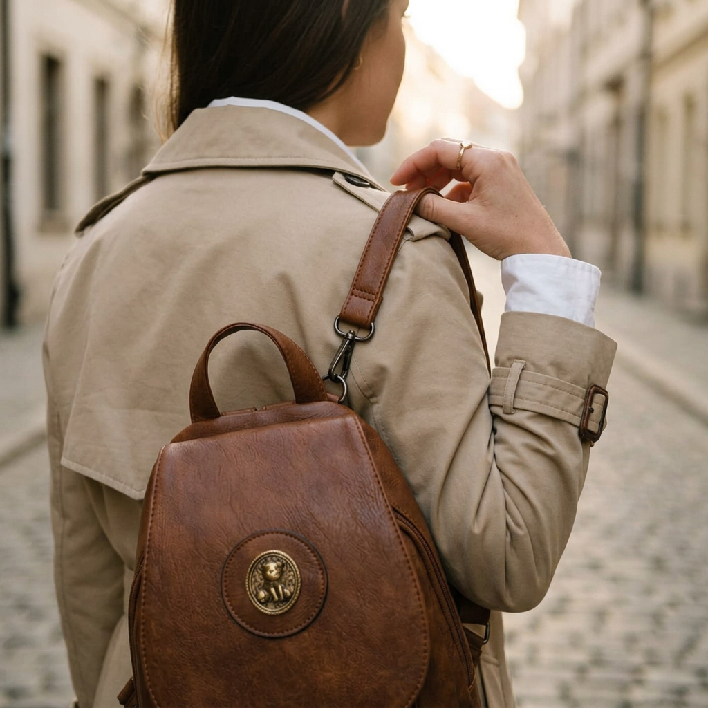 A woman in a trench coat adjusting Claudia’s shoulder strap