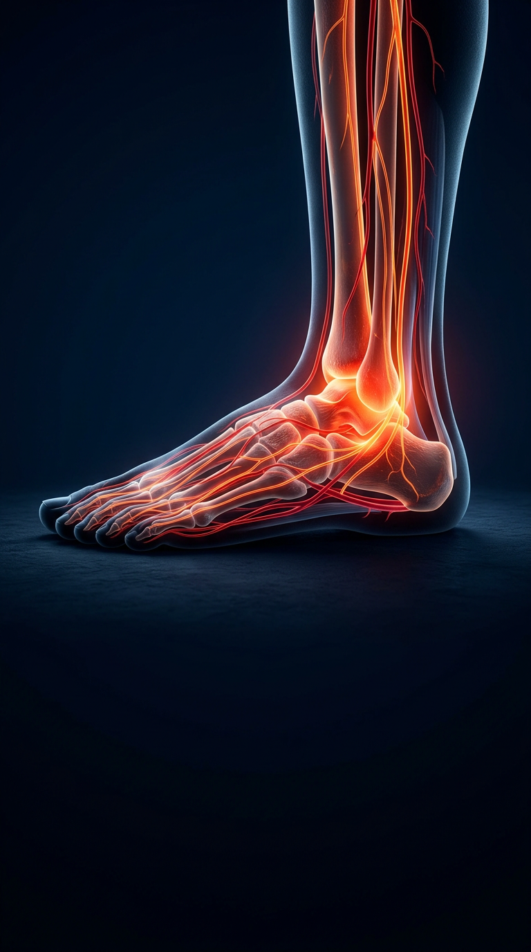 Illustration of a foot and ankle with glowing nerves and blood vessels