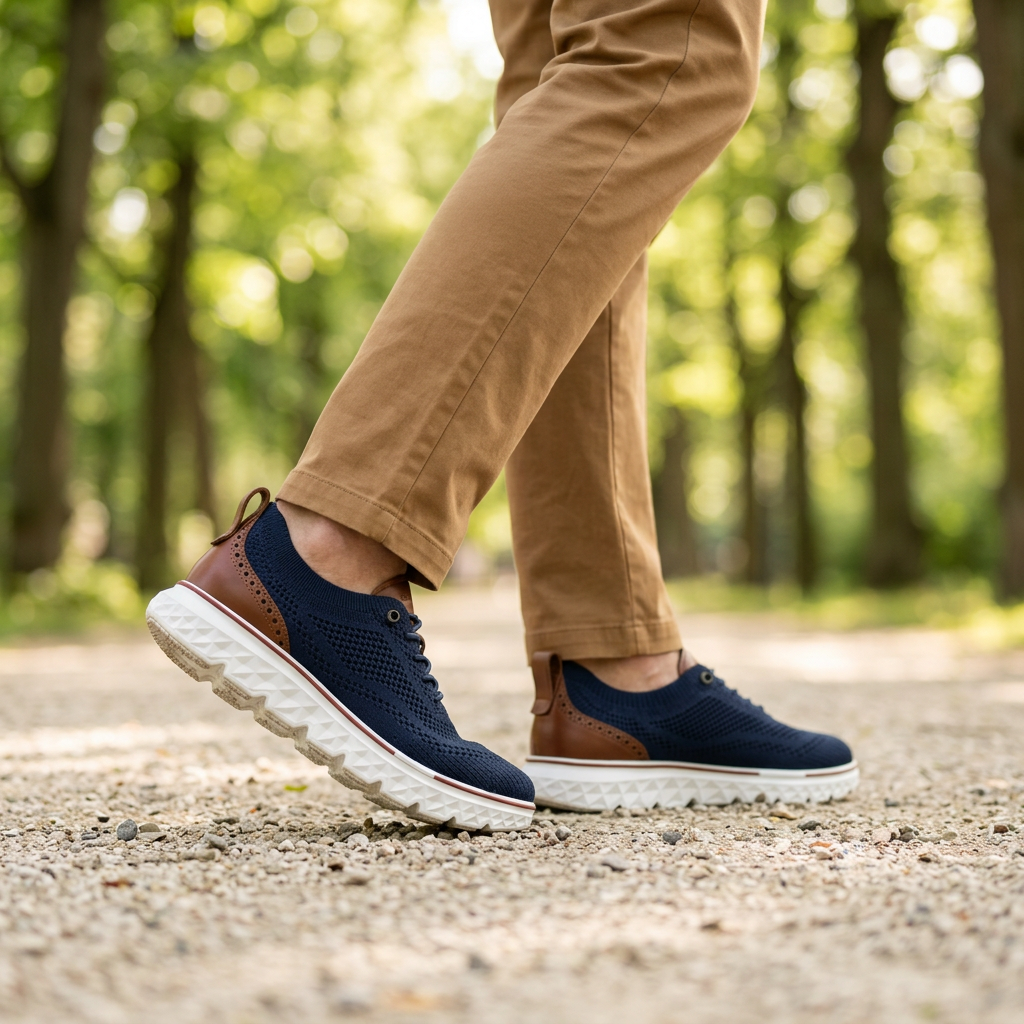 Man walking along a leafy park path in navy OrthoFit walking sneakers