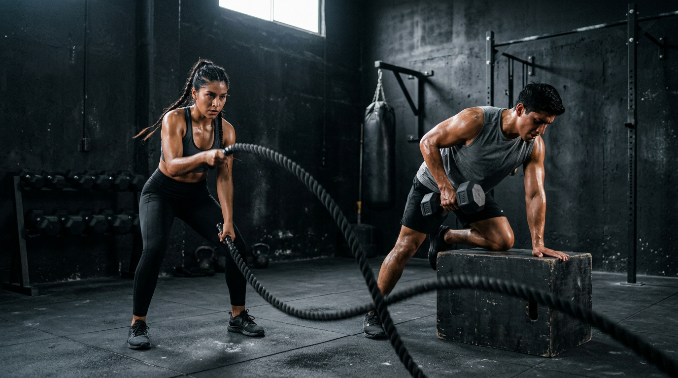 Hombre y mujer entrenando juntos con ropa deportiva negra